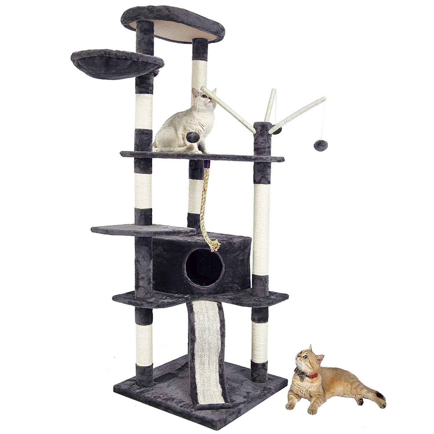 Meerveil Arbre à Chat Grande Taille Griffe de Chat Cadre d'escalade de Chat Planche à Gratter Palais de Chat, 6 Niveaux avec Jouet, Grand Niches avec Toboggan pour Le Chat, Hauteur 168cm (Gris)